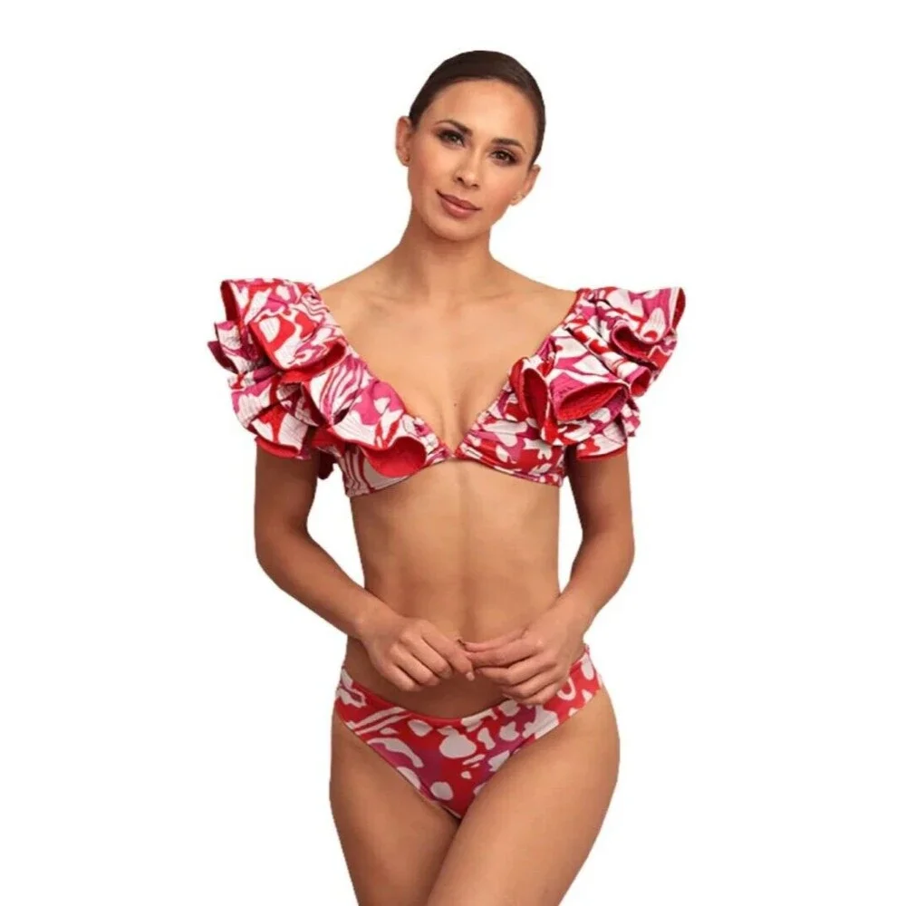 ALCATRAZ Swimwear Monarca Bikini Ruffles Size 38 Top Size Large Bottom